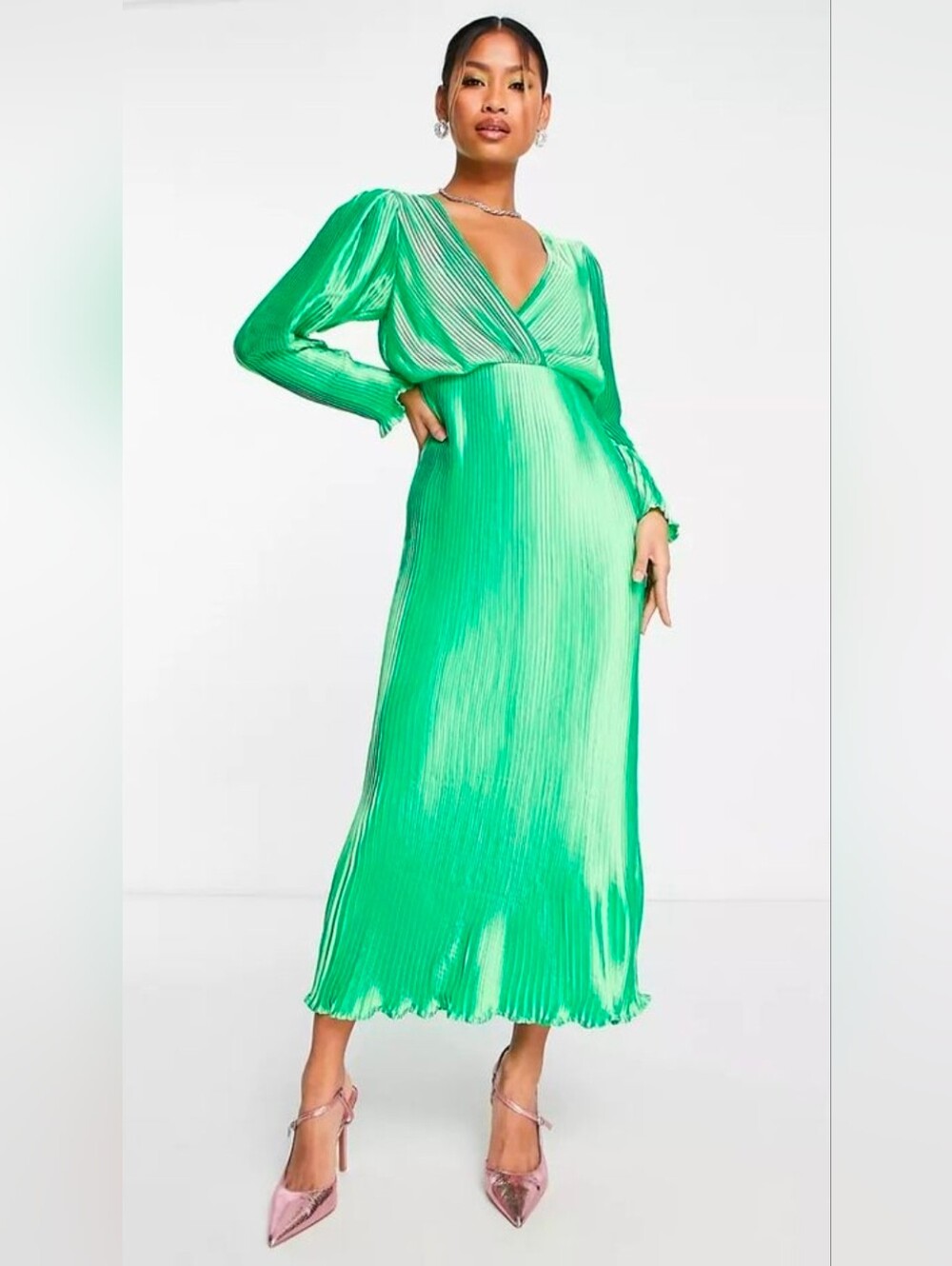 ASOS Desing Premiun Emerald Green Pleated V‑Neck Plunge Midi Dress Size 8